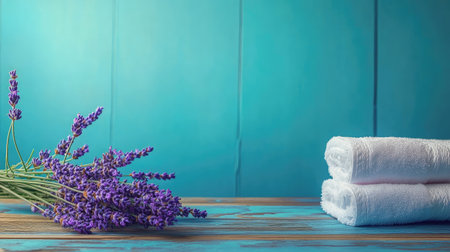Soft white towels are neatly arranged next to fresh lavender blossoms on a rustic wooden surface, creating a calming atmosphere perfect for spa and relaxation environments.の素材