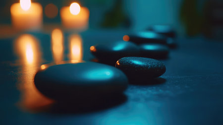 A serene arrangement of smooth stones illuminated by soft candlelight, enhancing a tranquil atmosphere perfect for relaxation and self-care experiences.の素材