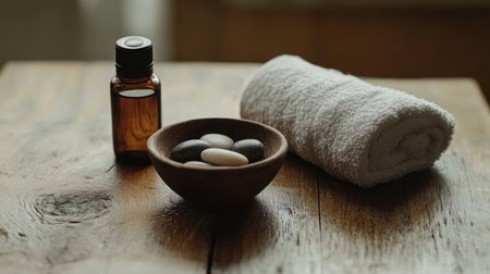 A tranquil spa setup featuring an essential oil bottle, a soft towel, and smooth stones arranged elegantly to promote relaxation and wellness at home. Perfect for personal care.の素材