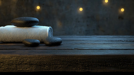 Immerse in tranquility with this serene spa setting featuring smooth stones, a soft towel, and gentle lighting, perfect for promoting relaxation and wellness in any soothing environment.の素材