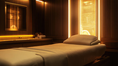 A serene spa treatment room featuring soft lighting and elegant decor, creating a tranquil atmosphere ideal for relaxation and wellness therapies.の素材