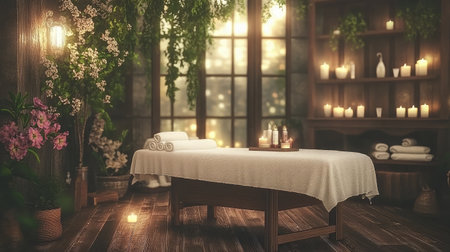 Experience a peaceful spa atmosphere with a beautifully set massage table, adorned with towels, candles, and floral elements, perfect for relaxation and wellness.の素材