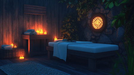 Experience the ultimate relaxation in this tranquil spa room featuring soft candlelight, natural decor, and cozy furnishings designed for a comforting wellness retreat.の素材