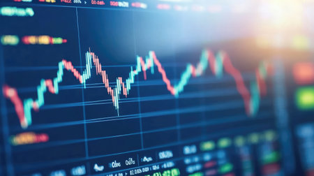 Detailed visualization of stock market trends featuring a candlestick chart, illustrating price movements and fluctuations in a modern financial trading environment.の素材