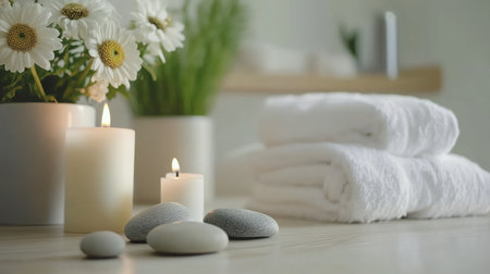 A calming spa setting featuring soft white towels, soothing candles, and fresh flowers, ideal for promoting relaxation and wellness in a tranquil environment.の素材