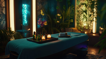 A tranquil spa room featuring a massage table adorned with elegant oils and candles, surrounded by lush plants, inviting relaxation and pampering for a rejuvenating experience.の素材