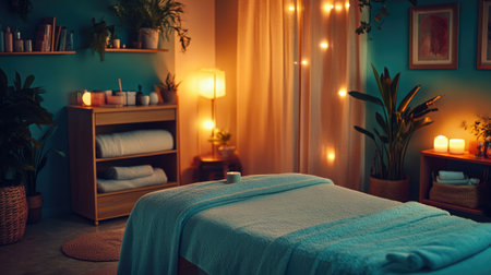 Experience a tranquil spa interior designed for relaxation, featuring soft lighting, lush greenery, and a cozy atmosphere perfect for wellness sessions and rejuvenation.の素材