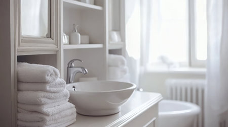 A bright bathroom showcasing a modern sink, white towels, and soft natural light through sheer curtains, creating a tranquil and stylish environment.の素材