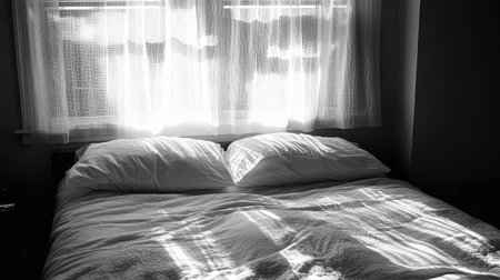 A serene and inviting bedroom featuring soft bed linen, sheer curtains, and dappled sunlight creating a calming atmosphere perfect for relaxation and serenity.の素材