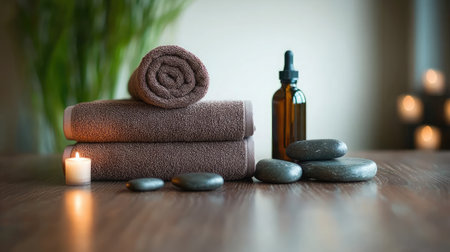 This image captures a serene spa scene featuring soft towels, aromatherapy oil, smooth stones, and a lit candle, perfect for promoting relaxation and a calming atmosphere.の素材