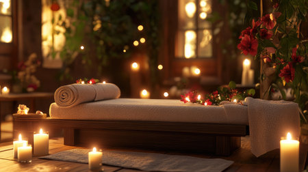 Experience a serene spa environment featuring a massage table surrounded by soft lighting, candles, and floral decorations for a relaxing atmosphere.の素材
