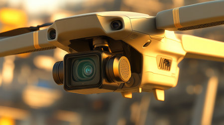 A close-up image of a high-resolution aerial camera mounted on a drone, showcasing urban landscapes while capturing dynamic footage during the enchanting golden hour.の素材