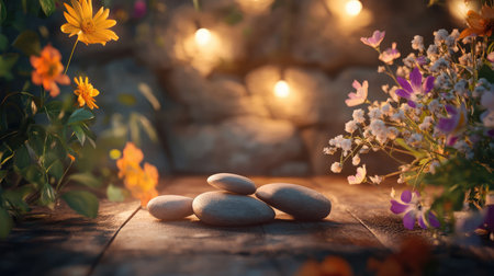 A serene composition featuring smooth stones and vibrant flowers, enhanced by soft glowing lights, evoking tranquility and a peaceful garden atmosphere for relaxation.の素材