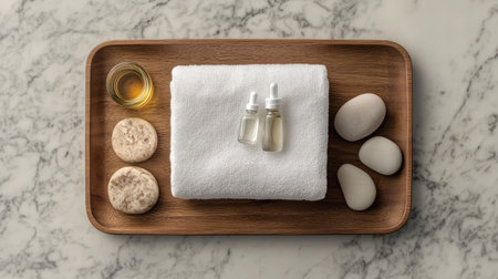 Discover a serene spa arrangement featuring essential oils, soft towels, natural stones, and a relaxing atmosphere ideal for personal wellness and rejuvenation sessions.の素材