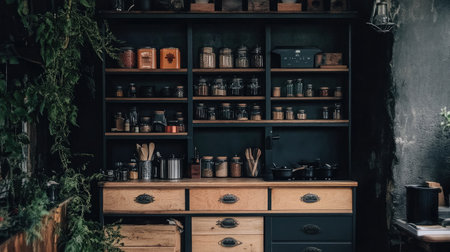 Discover a rustic kitchen setup featuring organized shelves filled with jars of spices and utensils, complemented by natural elements for a warm, inviting cooking space.の素材