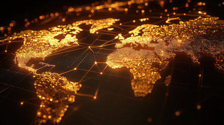 An intricate representation of a golden world map highlighting connections, networks, and data flow, ideal for themes related to technology, global communication, and modern visualization.の素材
