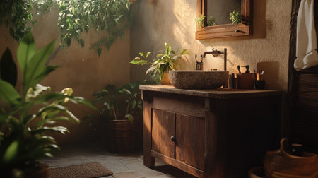 A tranquil bathroom scene featuring a wooden vanity adorned with a stone sink, surrounded by lush greenery, creating a calm and inviting atmosphere filled with natural light.の素材