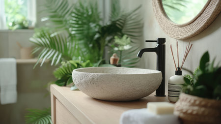 Experience a serene bathroom setup featuring a stone washbasin and stylish faucet, surrounded by lush greenery, creating a tranquil spa-inspired atmosphere for relaxation.の素材