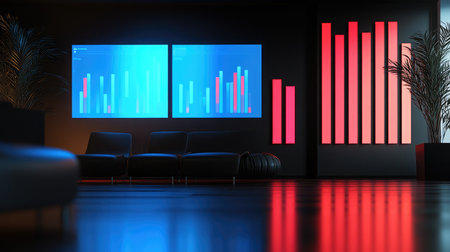 A contemporary office space showcasing dual screens displaying data visualizations, accompanied by stylish lighting and sleek furnishings, creating a productive atmosphere.の素材