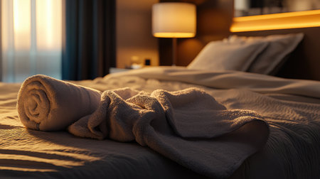 This image features a cozy and inviting bedroom with rolled towels on a soft bed, illuminated by gentle lighting, creating a serene atmosphere perfect for relaxation and comfort.の素材