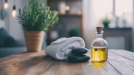 Discover a serene spa atmosphere featuring a neatly folded towel, smooth stones, and a filled oil bottle, creating a perfect scene for relaxation and rejuvenation.の素材
