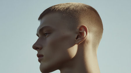 This striking profile portrait features a young man with a short haircut against a soft sky background, highlighting his strong facial features and serene expression.の素材