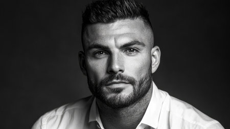 Striking black and white portrait of a confident man, showcasing his strong features and intense expression, perfect for themes of strength and masculinity.の素材