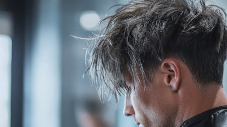 Profile view of a young man with stylish messy hair in a modern salon, showcasing contemporary hair trends and the art of personal grooming in a vibrant atmosphere.の素材