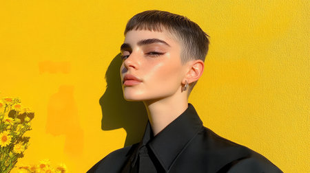 A stylish young model poses against a vivid yellow wall, showcasing her beauty and confidence, surrounded by fresh flowers, capturing a serene and artistic moment in sunlight.の素材