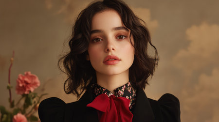 Beautifully captured portrait of a young woman with curly hair and a charming expression, showcasing her stylish attire against an elegant floral background.の素材