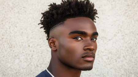 A young man showcases a modern hairstyle with flair, posing against a textured backdrop. His confident expression and unique look embody youthfulness and individuality.の素材