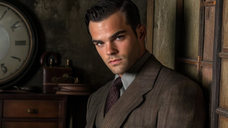 A dapper young man dressed in a vintage suit poses against a textured wall. His striking expression and styled hair evoke a nostalgic charm and timeless elegance.の素材
