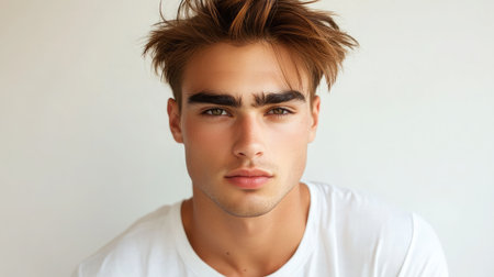 A close-up portrait of a young man with stylish hair, capturing a confident expression in a serene setting that highlights modern fashion and youthful appeal.の素材
