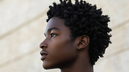 This striking portrait showcases a young man's profile, highlighting his natural hair and strong features, conveying a sense of confidence and individuality against a soft background.の素材