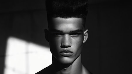 A striking black-and-white portrait showcasing a young man's muscular features, heightened by dramatic lighting and bold shadows, exuding intensity and charisma.の素材
