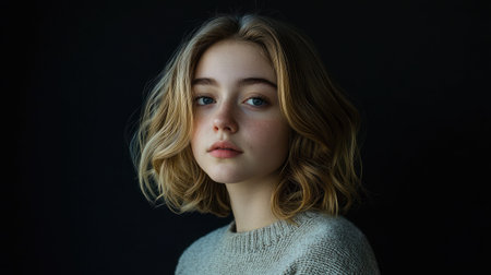 This captivating portrait features a young woman with soft, wavy hair posing against a dark background. The interplay of light highlights her natural beauty and serene expression.の素材