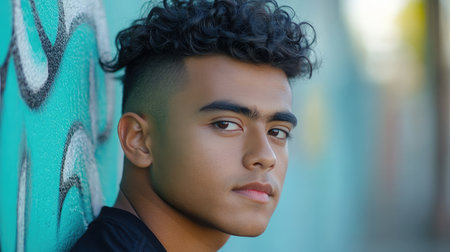 A young man with curly hair delivers a captivating look against a graffiti wall, embodying urban culture and a modern aesthetic in this striking portrait.の素材