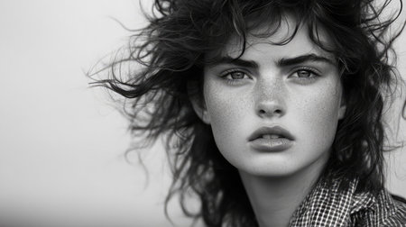 A captivating black and white portrait featuring a young woman with wild hair and freckles, exuding natural beauty and deep emotional expression. A striking visual aesthetic.の素材
