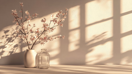 This elegant still life features delicate flower branches in a vase, creating a serene atmosphere with soft shadows playing on the wall, perfect for home decor inspiration.の素材