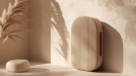 This image showcases modern minimalist decor, featuring a wooden textured object alongside a round stone, all set against a warm-toned backdrop that evokes tranquility and contemporary style.の素材