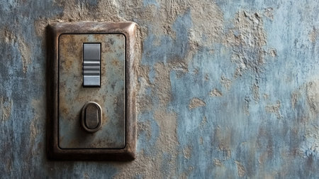 This image showcases a close-up of a stylish antique light switch set against a beautiful textured blue wall, highlighting vintage home decor with a unique character and artistic appeal.の素材