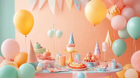 This vibrant birthday scene features a table adorned with colorful balloons, festive treats, and joyful decorations, perfect for capturing a cheerful celebration in pastel hues.の素材