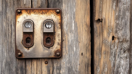 This image captures a detailed close-up of a vintage lock mechanism on a rustic wooden door. The aged wood and rusted metal create a unique, textured aesthetic.の素材