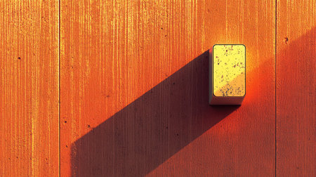A close-up of a vibrant orange textured wall featuring a geometric object casting a long shadow during golden hour, creating an intriguing visual effect in an urban setting.の素材