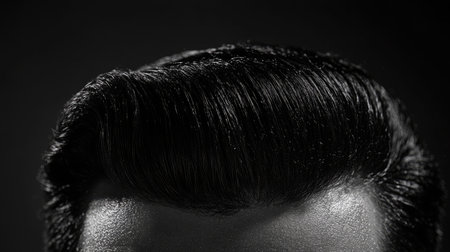 This artistic close-up features a glossy hairdo in a black and white setting, showcasing smooth textures and elegance, ideal for fashion and grooming representations.の素材