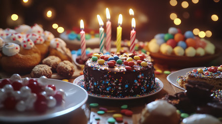 A vibrant scene of a birthday party table filled with a chocolate cake, colorful candies, and various delightful sweets, creating a joyful and festive atmosphere.の素材