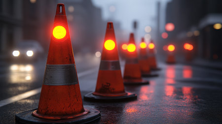 A line of orange traffic cones with glowing red lights stands on a wet street, surrounded by a misty urban environment, creating a cautionary scene at dusk.の素材