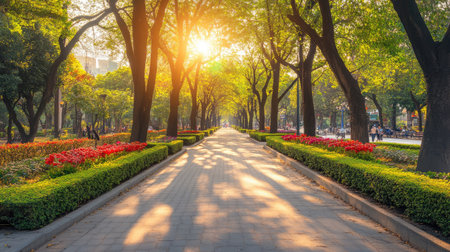 A tranquil pathway in an urban park, enveloped by lush trees and colorful flower beds, illuminated by the soft morning light, creating an inviting nature escape.の素材