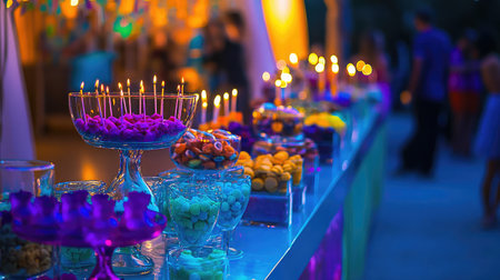 A vibrant dessert table filled with assorted candies and treats, illuminated by flickering candles, creating a magical atmosphere for a delightful celebration.の素材
