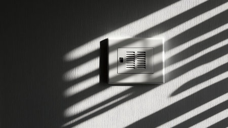 A sleek wall vent casts intricate shadow patterns on a textured surface, showcasing the interplay of light and design in a modern interior space, adding visual depth and interest.の素材